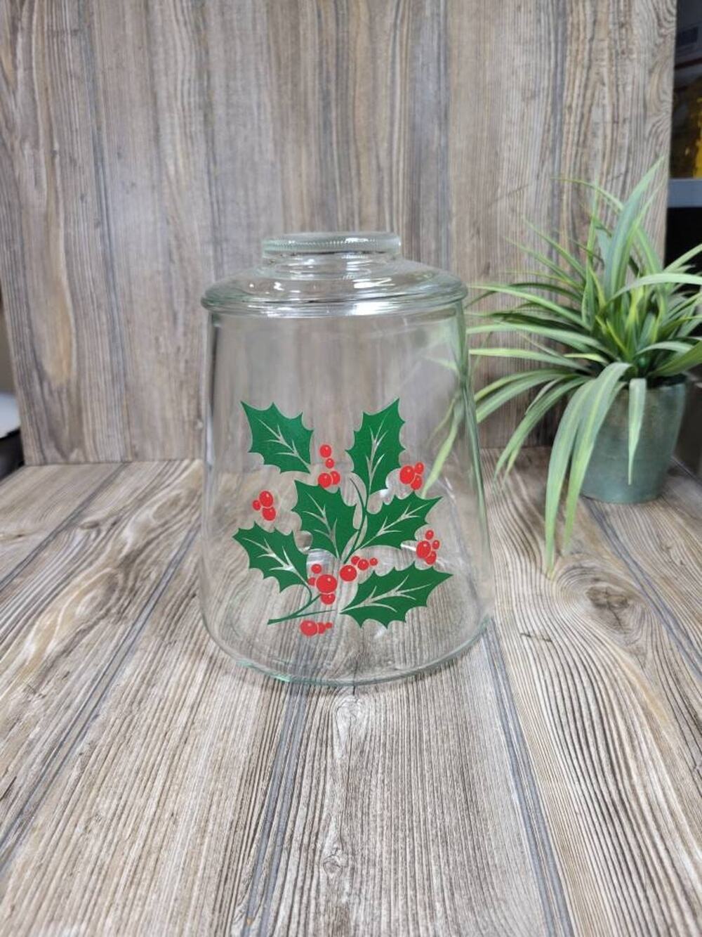 Vintage Christmas Glass Cookie Jar Lid Holly Berry Indiana Bartlett Collins MCM